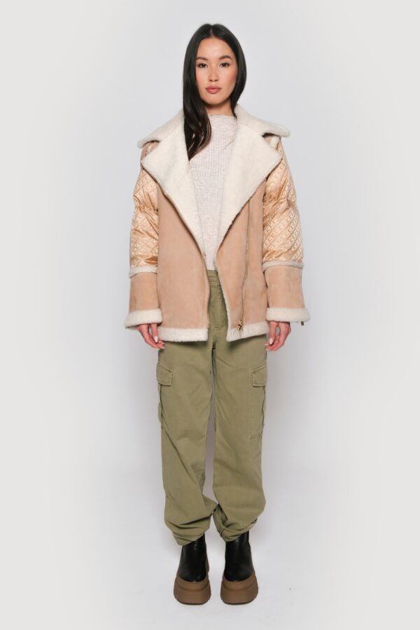 Logoed down jacket and light camel shearling