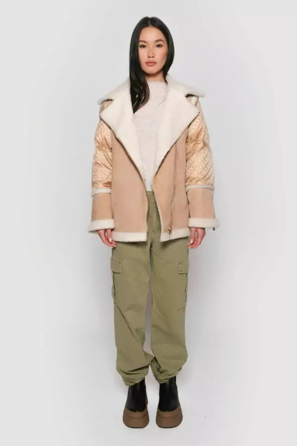 Logoed down jacket and light camel shearling