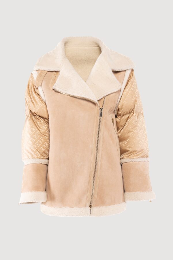 Logoed down jacket and light camel shearling