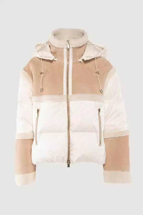 Logoed down jacket and light camel shearling