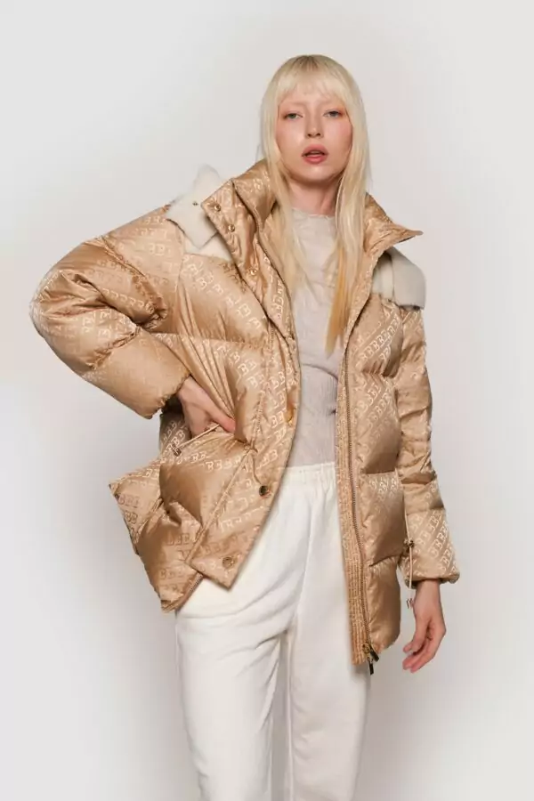 Logoed down jacket and light camel shearling