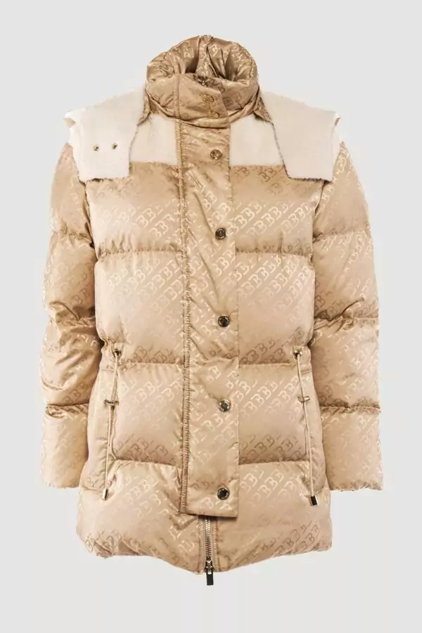 Logoed down jacket and light camel shearling