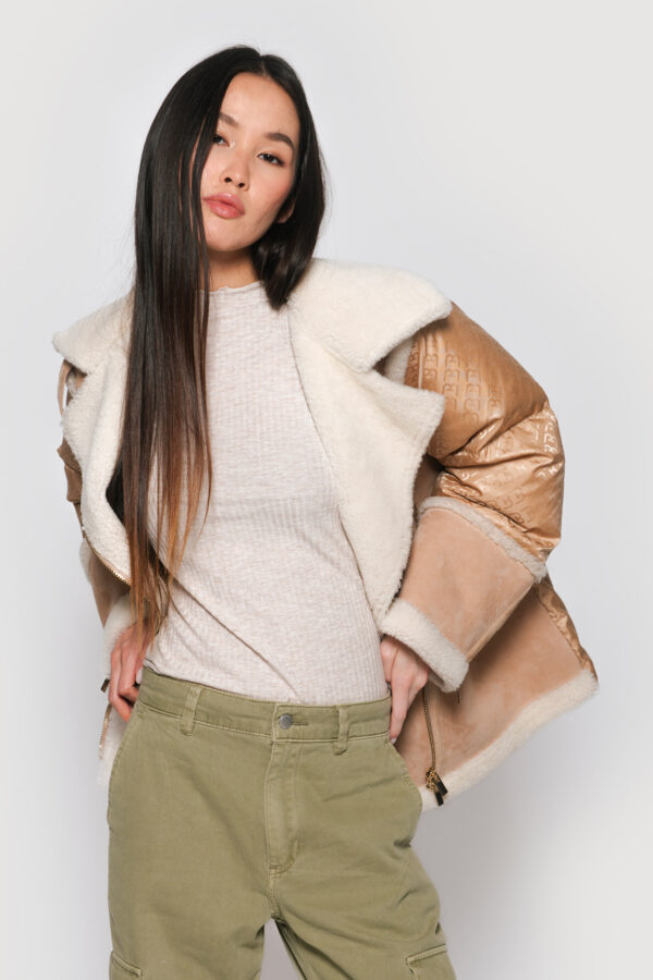 Logoed down jacket and light camel shearling