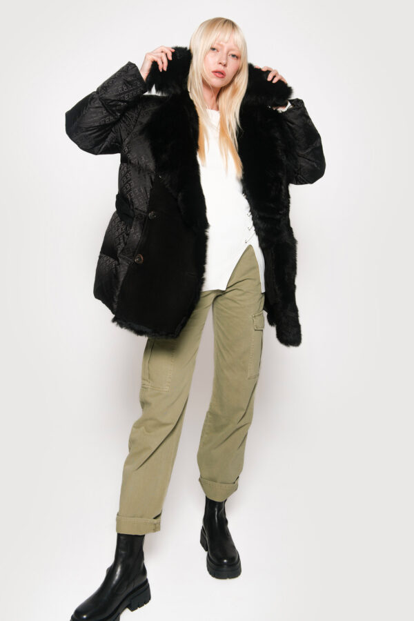 Logoed down jacket and black velar shearling